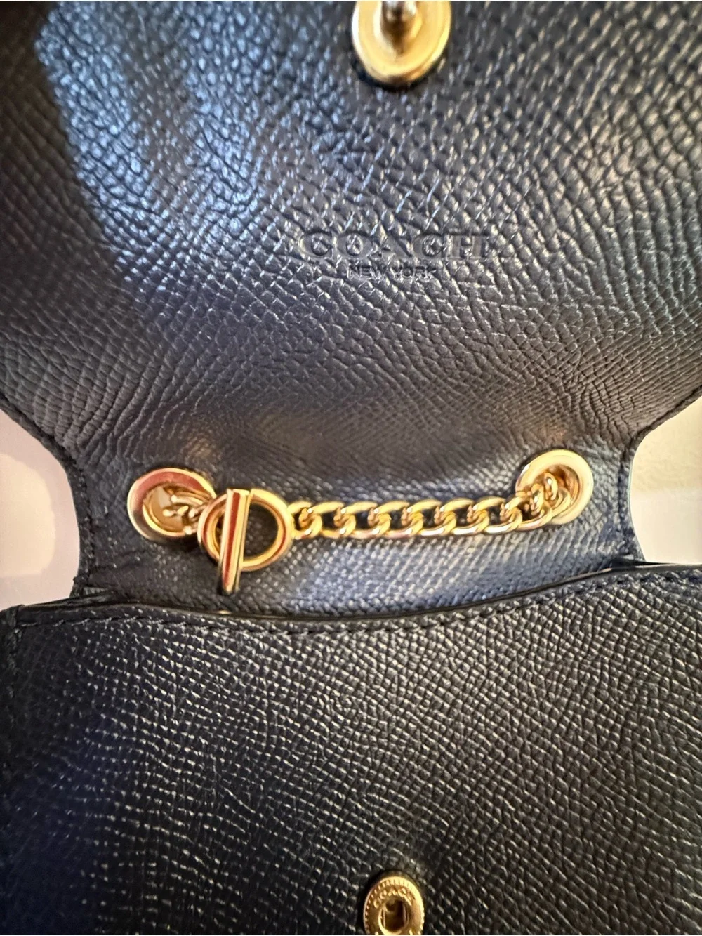 Coach Black Crossgrain Leather Phone Crossbody Gold Chain